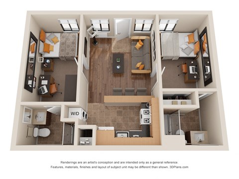 Floor plan for 2 beds, 2 baths, 550 sqft